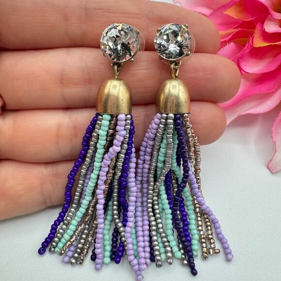 J.Crew Crystal Beaded Tassel Earrings Blue Teal Gray Lavender Flirty Fun Signed - Picture 2 of 8